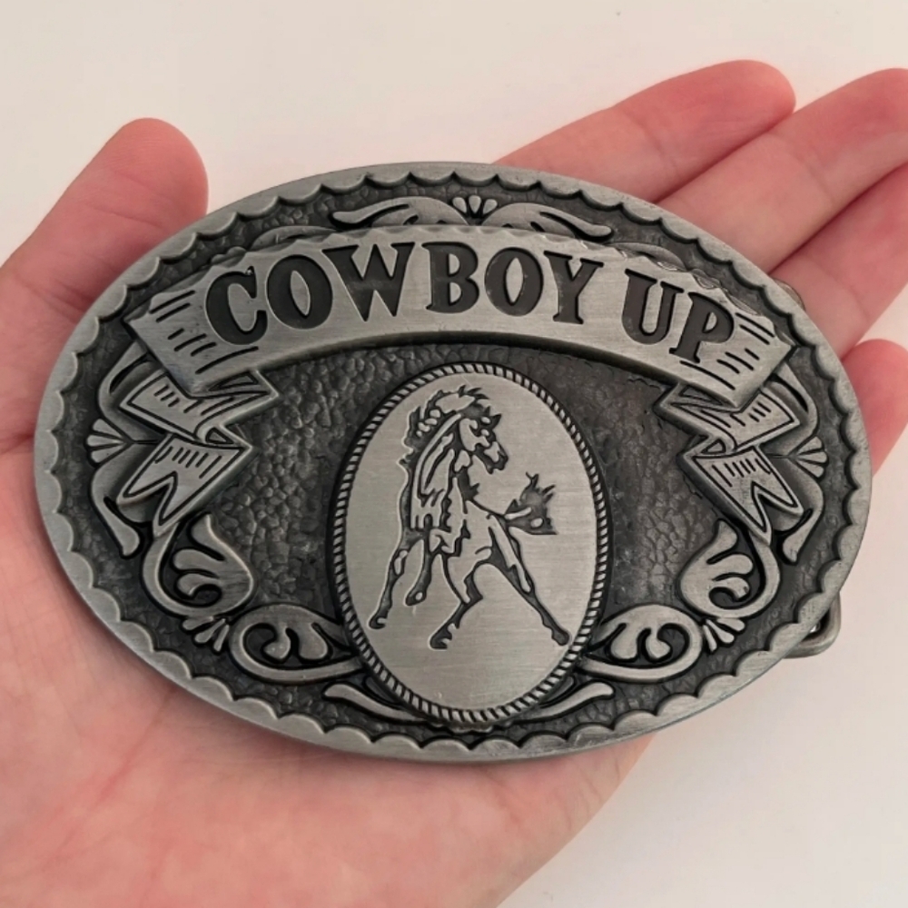 Silver Cowboy up Oval Rodeo western silver horse belt buckle